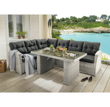 Modernes Garten-Lounge-Set aus grauem Polyrattan-Geflecht mit dunklen Sitzkissen und einem passenden hohen Esstisch mit Glasplatte.