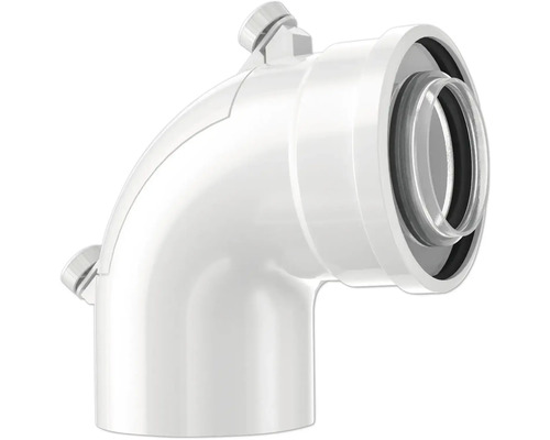 Weißer Abflussbogen aus Kunststoff, 90 Grad Winkel mit Dichtungsring für Sanitärinstallationen.