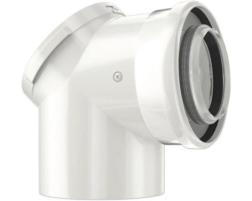 Weißer Abgasrohr-Bogen mit Revisionsöffnung und Innendichtung für Heizungsanlagen.