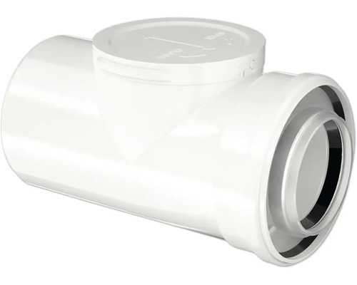 Reinigungsrohr aus weißem Kunststoff für Abwasserleitungen mit Revisionsöffnung und Dichtungen.