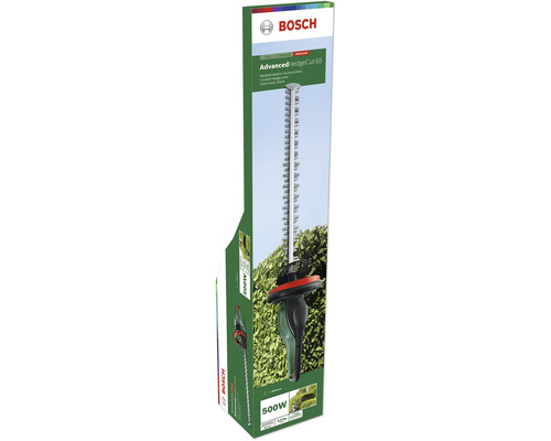 Bosch AdvancedHedgeCut 65, netzbetriebene Heckenschere in Verpackung mit 500 Watt Leistung und 65 Zentimeter Messerlänge.