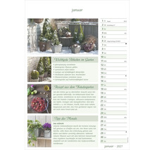 Wandkalender Blatt für Januar 2027 mit Gartentipps, Rezepten und winterlichen Pflanzenbildern.