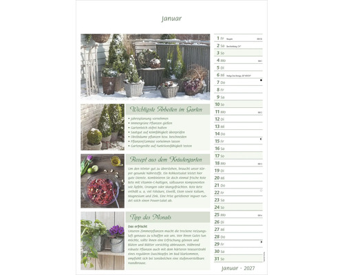 Wandkalender Blatt für Januar 2027 mit Gartentipps, Rezepten und winterlichen Pflanzenbildern.