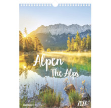 Wandkalender Alpen 2027 mit Berglandschaft und See, Alpha Edition Logo.
