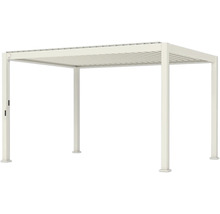 Weiße Pergola aus Aluminium mit verstellbarem Lamellendach für die Terrasse oder den Garten.