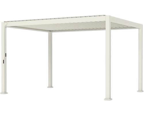 Weiße Pergola aus Aluminium mit verstellbarem Lamellendach für die Terrasse oder den Garten.