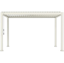 Weiße Pergola aus Aluminium mit verstellbarem Lamellendach und vier Pfosten.