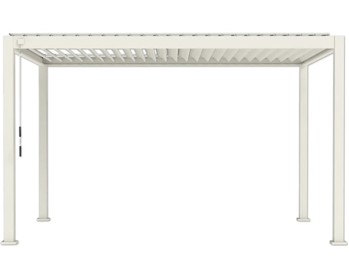 Weiße Pergola aus Aluminium mit verstellbarem Lamellendach und vier Pfosten.