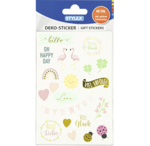 Stylex Deko-Sticker Set mit 40 Stück, inklusive goldener Foliensticker, Motive wie Flamingos, Herzen und verschiedene Glückwünsche.