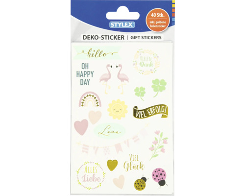 Stylex Deko-Sticker Set mit 40 Stück, inklusive goldener Foliensticker, Motive wie Flamingos, Herzen und verschiedene Glückwünsche.