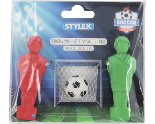 Stylex Radiergummi-Set Fußball, 3-teilig, mit zwei Tischkicker-Figuren und einem Ball in Klarsichtverpackung.
