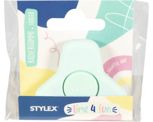 Stylex Radiergummi in abgerundeter, dreieckiger Form in Verkaufsverpackung.