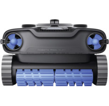 Elektrischer Poolroboter zur automatischen Bodenreinigung mit blauen Bürstenwalzen und Raupenantrieb.
