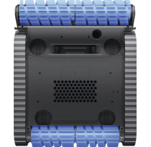 Unterseite eines Poolroboters mit blauen Reinigungsbürsten und schwarzen Kettenantrieben.
