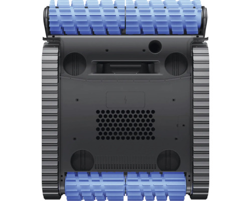 Unterseite eines Poolroboters mit blauen Reinigungsbürsten und schwarzen Kettenantrieben.