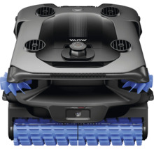 Automatischer Poolroboter mit blauen Bodenwalzen und Seitenbürsten zur Reinigung von Poolboden und Wänden.