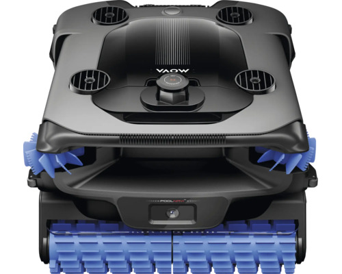 Automatischer Poolroboter mit blauen Bodenwalzen und Seitenbürsten zur Reinigung von Poolboden und Wänden.