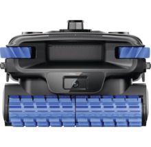 Poolroboter mit integrierter Kamera, blauen Reinigungswalzen und schwarzem Kunststoffgehäuse.