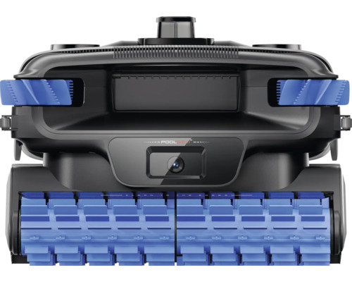 Poolroboter mit integrierter Kamera, blauen Reinigungswalzen und schwarzem Kunststoffgehäuse.
