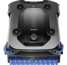 MOVA Poolroboter in Schwarz und Silber mit blauen Lamellenbürsten und Aquascan Sensortechnologie für die Poolreinigung.
