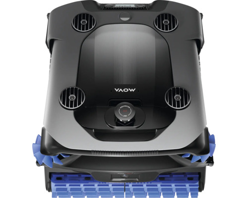 MOVA Poolroboter in Schwarz und Silber mit blauen Lamellenbürsten und Aquascan Sensortechnologie für die Poolreinigung.