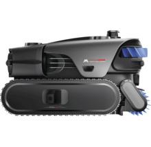 Robotischer Poolreiniger M X10 in der Seitenansicht mit Raupenantrieb und Bürsten.