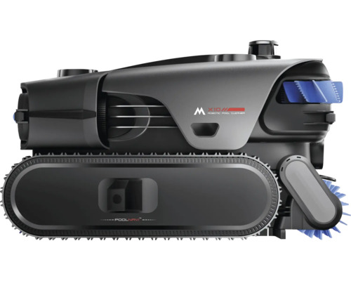 Robotischer Poolreiniger M X10 in der Seitenansicht mit Raupenantrieb und Bürsten.