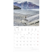 Wandkalender 2027, Kalenderblatt Januar mit Landschaftsfotografie eines Holzbootes am Kieselstrand in Grönland.