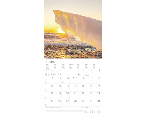 Wandkalender Januar 2027 mit Naturfoto eines Eisblocks am Strand bei Sonnenuntergang und Platz für Notizen.
