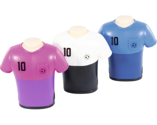 Drei Anspitzer in Form von Fußballtrikots mit der Nummer 10 und Fußballsymbol.