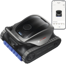 Elektrischer Poolroboter MOVA A10 mit App-Steuerung über Smartphone, Kettenantrieb und Reinigungsbürsten.