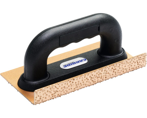 Carbide Handschleifer mit ergonomischem schwarzem Kunststoffgriff und Schleiffläche aus Hartmetall.