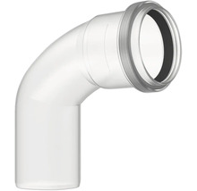 Weißer Kunststoff-Rohrbogen mit 90 Grad Winkel und integrierter Dichtung für Abwasserleitungen.