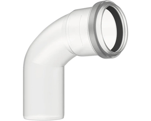 Weißer Kunststoff-Rohrbogen mit 90 Grad Winkel und integrierter Dichtung für Abwasserleitungen.