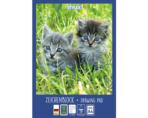 Stylex Zeichenblock A4 mit Kätzchen-Motiv, 20 Blatt, 120 Gramm pro Quadratmeter, FSC-zertifiziert, Hergestellt in Deutschland.