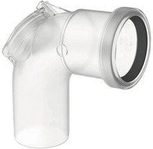 Transparenter 90 Grad Rohrbogen aus Kunststoff mit Dichtungsring und Revisionsöffnung.