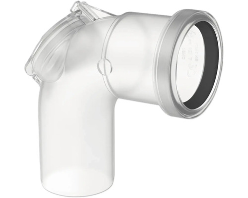 Transparenter 90 Grad Rohrbogen aus Kunststoff mit Dichtungsring und Revisionsöffnung.