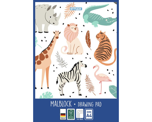 Malblock mit Safari-Motiven, DIN A4, 100 Blatt, Stylex Logo, FSC Mix, Hergestellt in Deutschland.