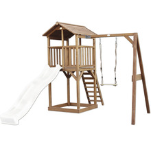 Spielturm aus Holz mit Satteldach, Wellenrutsche, Leiter und einer Schaukel für den Garten.