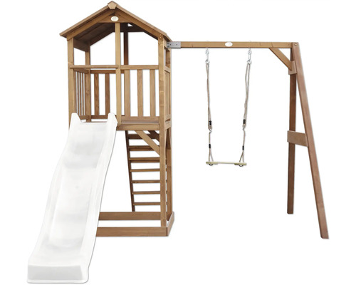 Spielturm aus Holz mit weißer Wellenrutsche und einer Schaukel für den Garten.