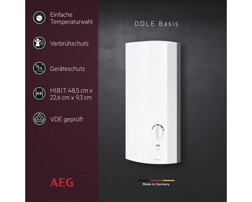 AEG Elektronischer Durchlauferhitzer DDLE Basis mit Temperaturregler, Verbrühschutz, Geräteschutz, VDE-geprüft, 48,5 mal 22,6 mal 9,3 Zentimeter.