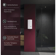 Durchlauferhitzer im Badezimmer neben einer Dusche mit Symbolen für Verbrühschutz, Geräteschutz und schnelle Steuerelektronik.