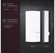 AEG elektronischer Durchlauferhitzer, 48,5 Zentimeter hoch, 22,6 Zentimeter breit, 11,2 Zentimeter tief, 3,6 Kilogramm, 400 Volt Starkstromanschluss.