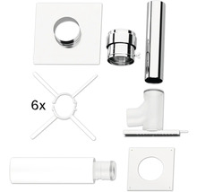 Abgassystem-Set bestehend aus Edelstahlrohren, Kunststoffrohren, T-Stück, Wandrosetten und Befestigungsmaterial.