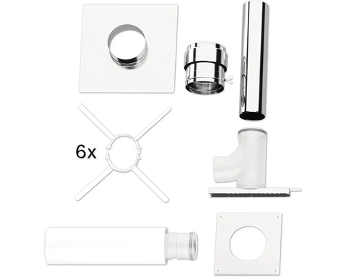 Abgassystem-Set bestehend aus Edelstahlrohren, Kunststoffrohren, T-Stück, Wandrosetten und Befestigungsmaterial.