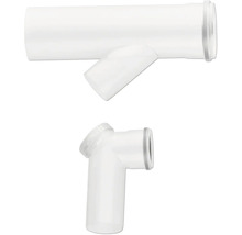 Kunststoff-Rohrfittings bestehend aus einem Abzweig und einem Bogen für Rohrleitungssysteme.