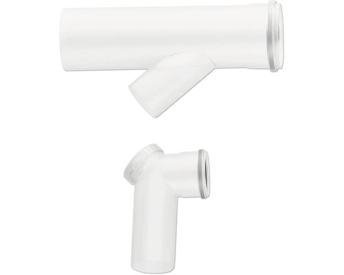 Kunststoff-Rohrfittings bestehend aus einem Abzweig und einem Bogen für Rohrleitungssysteme.