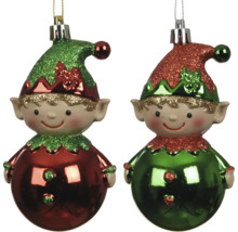 Weihnachtsbaumschmuck Elfenfiguren mit glitzernden Hüten in Rot und Grün sowie glänzenden, runden Körpern.