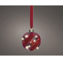 Beleuchtete Weihnachtskugel mit rotem Spiralmuster und Aufhängeband.