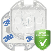 Transparenter Steckdosenschutz zum Kleben mit 3M Klebestreifen und Drehmechanismus. Geprüft kindersicher. 3M Logo.